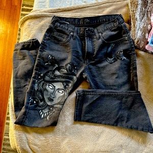 City streets slim stretch black men’s hand painted jeans